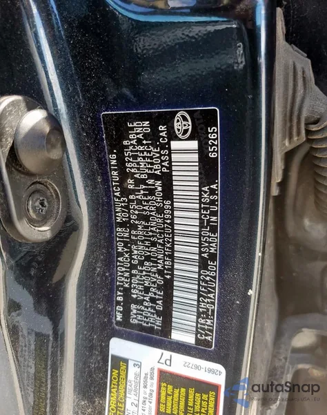 2014 Toyota Camry L z USA, uszkodzony, nr VIN 4T1BF1FK2EU749996